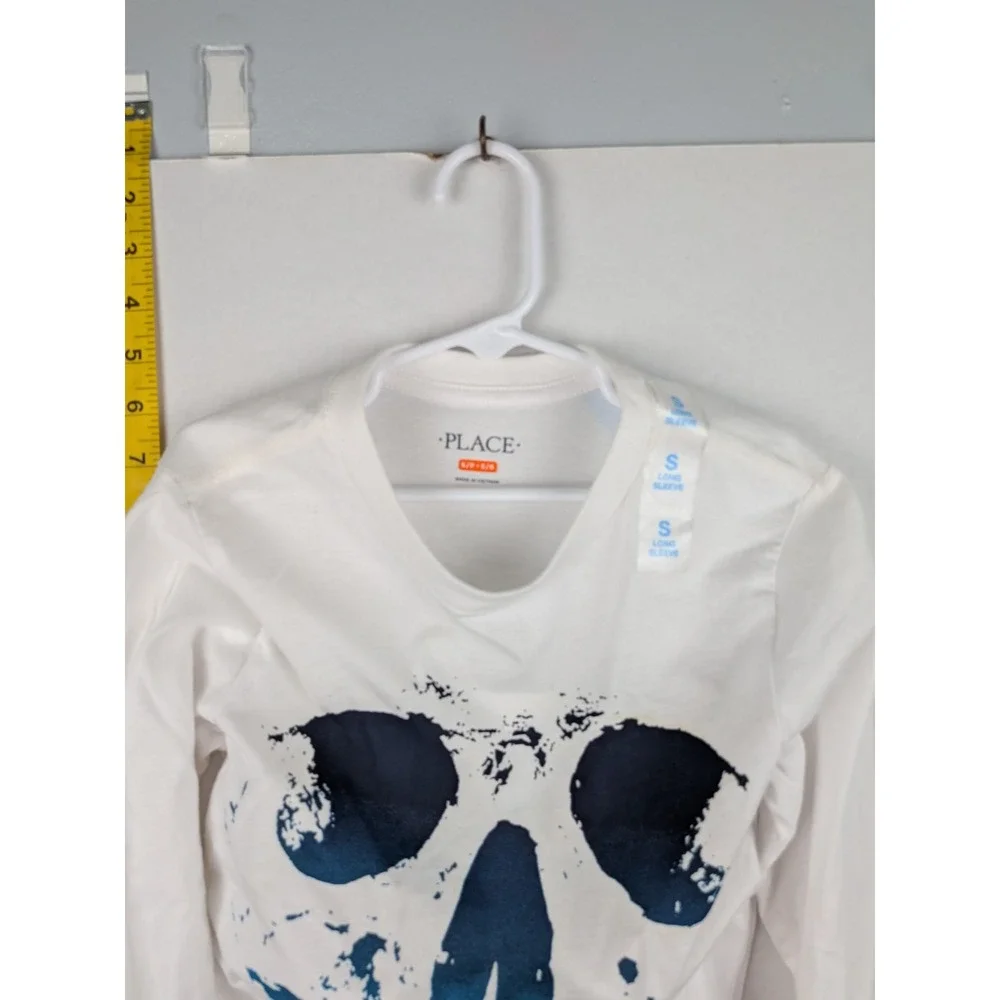 The Children's Place Boys Skull Graphic Long Sleeve Tee White Blue Size S 5/6
